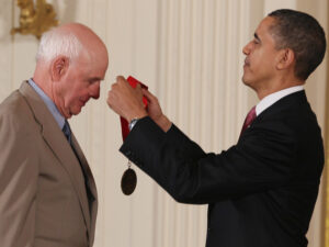 President Barack Obama presents the 2010 National Humanities Medal to Wendell E. Berry during a White House ceremony in 2011.