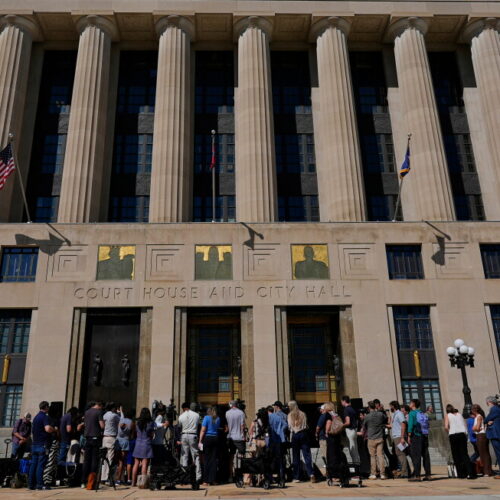 Christa Pike's Attorneys holding a press conference in front of the Nashville courthouse and city hall.