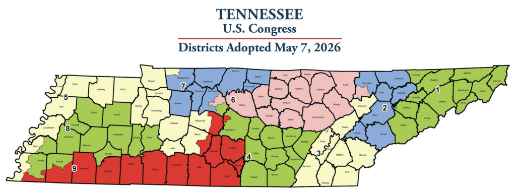 TN-congressional-map-May-2026 Here's how state lawmakers reworked Tennessee's U.S. House map in 2026.