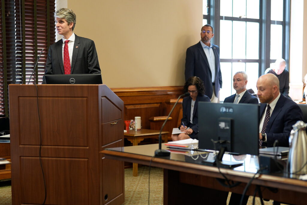 Tennessee Assistant Attorney General John W. Ayers, left, presents arguments during a court hearing, Wednesday, Oct. 7, 2026, in Nashville, Tenn., as attorneys for Christa Pike request the Tennessee Department of Corrections to preserve all evidence related to her failed execution.