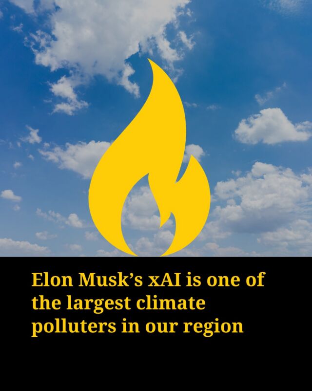 Elon Musk’s sprawling xAI campus in the Memphis area is the second-largest climate polluter in the Tennessee Valley Authority’s region. 

xAI currently has two buildings, Colossus 1 and Colossus 2, both located in Memphis, that support Grok, the AI for the social platform X. 

The second data center is powered across the state line in Mississippi by 59 gas turbines. 

Those turbines alone will cause more than 7 million tons of carbon dioxide equivalent emissions in a given year, according to calculations by the Southern Environmental Law Center, assuming that they operate full-time. 

That level of emissions is at least equivalent to the annual energy use of nearly 1 million homes. 

Only the TVA’s largest coal plant, the Cumberland Fossil Plant, produces more climate pollution than xAI. No other power plant across TVA’s seven-state region created as much planet-warming emissions in 2023, according to the U.S. Environmental Protection Agency’s latest data available. 

But the xAI facility does create more of one kind of air pollution. The Colossus 2 turbines produce more nitrogen oxide emissions than any facility in Tennessee, Mississippi or Arkansas. This type of smog-forming pollution is linked to higher rates of heart disease, lung disease and asthma, and causes over 100,000 premature deaths in the U.S. each year. 

The NAACP, represented by the Southern Environmental Law Center and Earthjustice, sued xAI in April for Clean Air Act violations. 

Tap link in bio for more from environmental reporter Caroline Eggers.