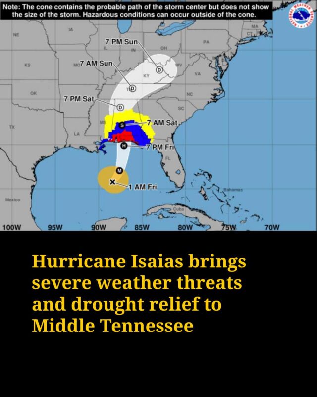 Tennessee is expecting rain, strong winds and possible spin-up tornadoes this weekend as the remnants of Hurricane Isaias pass through. 

Much of the state will enter a flood watch tonight. 

The storm is proijected to bring 1-3 inches of rain, which could help ease the drought that has taken hold over most of Middle and West Tennessee.

The National Weather Service warn that tropical storms like this one can evolve rapidly, so stay weather aware and keep an eye on the forecast. 

Images: National Weather Service and National Oceanic and Atmospheric Administration

Producer: Alexis Marshall
Editor: Megan Jones